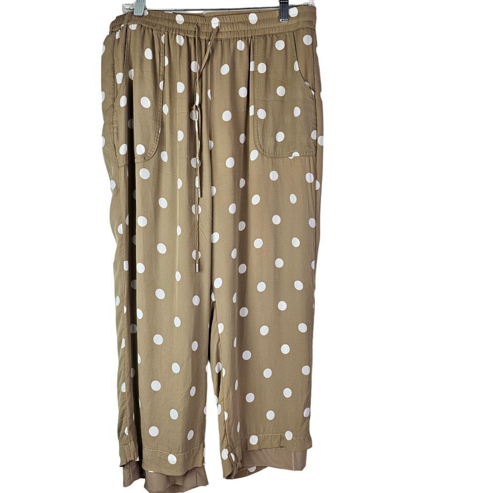 Elie Tahari Women's Tan White Polka Dot Drawstring Waist Pants Size L